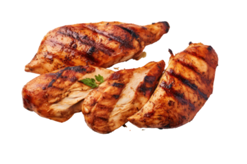 American style grilled chicken Isolated pieces on a white background It shows tender chicken meat, crispy skin, and slight charred marks.