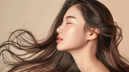 Fototapeta premium Beautiful Asian Woman with Flowing Shiny Hair Portrait