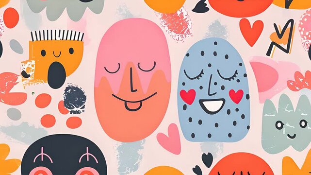 This video features a vibrant pattern of abstract faces and shapes in various colors