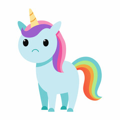 A blue unicorn with rainbow hair stands on white background