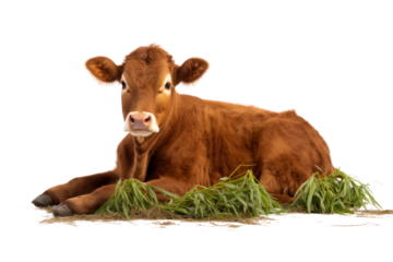 Brown cow relaxing on rice straw Highlight the details of the dense brown fur. Conveys warmth and relaxation, isolated on white background.
