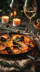 Naklejka premium Seafood paella with candlelit ambience, close-up shot. Cozy dinner and culinary delight concept