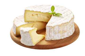 Camembert Cheese Isolated pieces on a white background Shows a creamy, pale yellow texture and white rind.