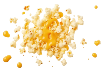 Caramel Popcorn Isolated pieces on a white background Shows white, swollen popcorn kernels. Rich golden caramel and salt clearly