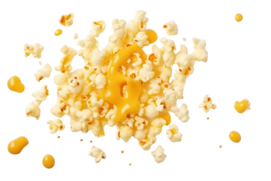 Caramel Popcorn Isolated pieces on a white background Shows white, swollen popcorn kernels. Rich golden caramel and salt clearly