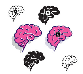 brain and artificial intelligence side view icon set. tech logo. Outline, flat, and modern design style. suitable for technology, models, chips, robot