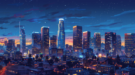 Obraz premium Illustration of urban cityscape at night with blue hues, depicting modern architecture