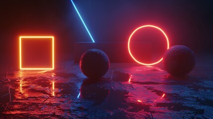 Neon Shapes and Spheres Reflecting on Wet Floor in a Dark Studio
