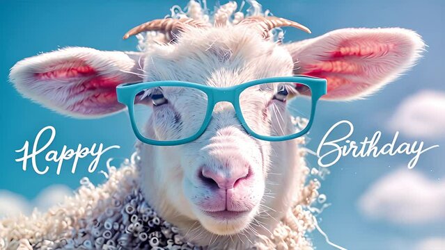 A sheep wearing blue glasses wishes you a happy birthday