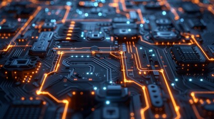 Obraz premium Close-Up View of Illuminated Circuit Board With Orange Traces