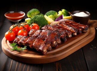 A slice of pork ribs with barbecue sauce and rosemary on a wooden cutting board.