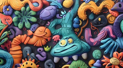 Colorful Graffiti Wall with Fishes and Flowers