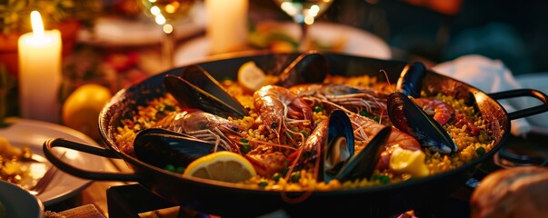 Seafood paella in a pan with candles and wine in the background, festive dinner concept