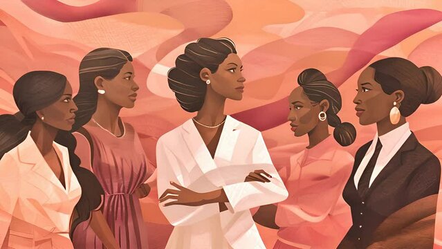 This digital artwork features five Black women standing together in a powerful and confident stance