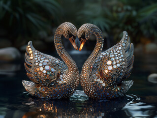 Fototapeta premium Glass swans with water droplets, close-up, reflective surface, swans in water, pair of swans, evening light, glasswork. Valentine’s Day, proposal, lovers, love, greeting card