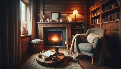 Cozy reading corner with a comfortable armchair, fireplace, and a table with books and tea, creating a perfect spot for relaxation.