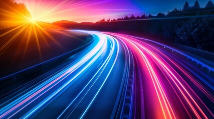 Colorful Light Trails On A Winding Highway At Sunset