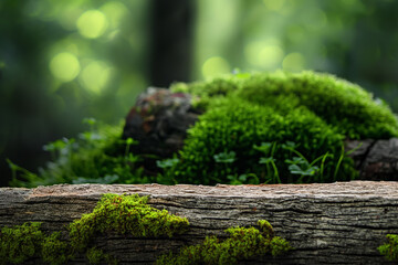 Green mossy log background, ideal for organic product display montages., Generative AI