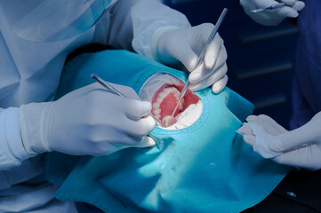 Close up professional dentist making  teeth cleaning patient at the dental office.Attractive man in stomatology clinic with dentist.Healthy teeth concept.Scaling limestone.Tooth care concept.
