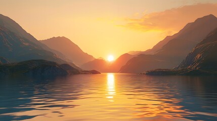 Sunset over Lake and Mountains