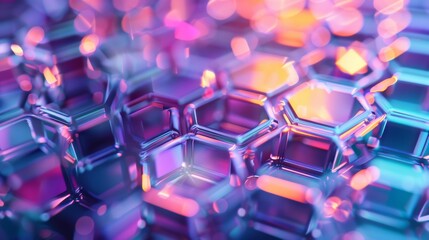 Close-Up of Shiny Hexagonal Prisms With Purple and Orange Lighting