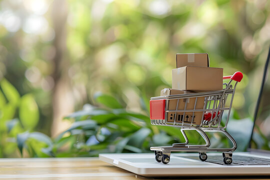 Ventas online, carrito de la compra encima de un laptop dando un concepto de ventas por internet . Generado con inteligencia artificial. 