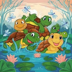 Fototapeta premium Colorful Cartoon Turtles Vector Illustration Playful and Cute Animal Characters