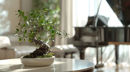 Bonsai pot in the living room with piano