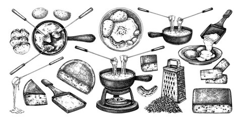 Cheese fondue sketches set. Hand-drawn food illustrations. Dairy products, melted cheese, fondue pots vector drawings. NOT AI generated
