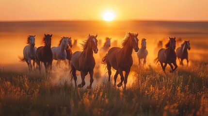A group of horses running freely through an open field, with dust rising and a clear sky