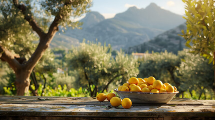 A vibrant scene with fresh lemons in a rustic bowl, set on a sunlit table amidst a lush garden backdrop, showcasing natural colors and a serene outdoor atmosphere