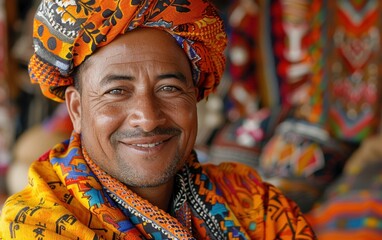 Fototapeta premium A man wearing a colorful scarf and turban is smiling. The scarf is multicolored and has a pattern of squares and circles