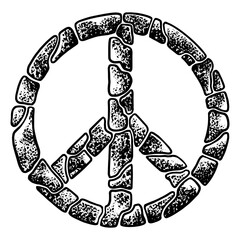 Peace symbol made with stone rocks brick line art sketch engraving PNG illustration. T-shirt apparel print design. Scratch board imitation. Black and white hand drawn image.