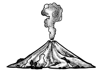 smoking volcano eruption line art sketch engraving PNG illustration. T-shirt apparel print design. Scratch board imitation. Black and white hand drawn image. © Oleksandr Pokusai