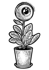 human eye plant flower sketch engraving PNG illustration. T-shirt apparel print design. Scratch board imitation. Black and white hand drawn image.