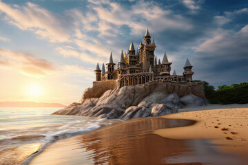 Fairy tale castle on the summer beach.