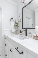White bathroom with sink and mirror. White bathroom, minimalist.