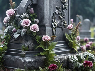 Foggy old cemetery. Gravestones decorated with flowers.