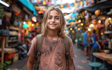 A young girl with long hair is smiling in front of a market. She is wearing a brown shirt and a backpack