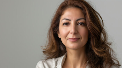 Obraz premium A woman with long brown hair and a white shirt is smiling. She is looking directly at the camera