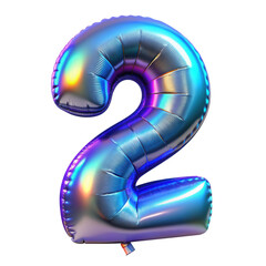Holographic foil balloon shaped as the number 2. Iridescent colors on a shiny surface, perfect for celebrations, birthdays, and events. Isolated on transparent background