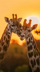 Obraz premium Giraffe couple at sunset in African savanna, intimate bonding moment. Wildlife and nature concept