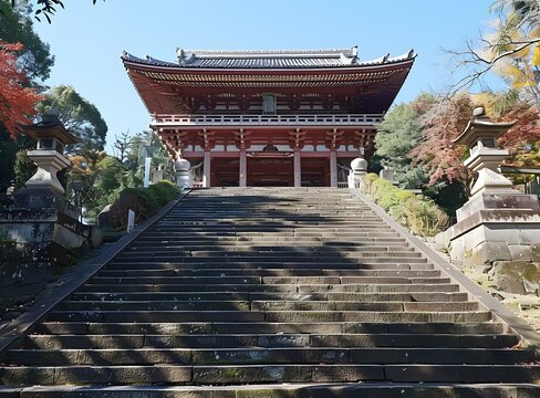 A long stone staircase leading up to a Buddhist temple with a large red gate