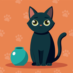 Cute black cat with vase. Bad cat behaves badly. Domestic animal cat vector illustration. Black Halloween kitten. Vector isolated funny cat, logo, print, decorative sticker.