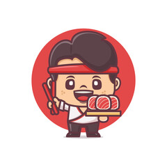 Cute japanese chef cartoon mascot character with sushi