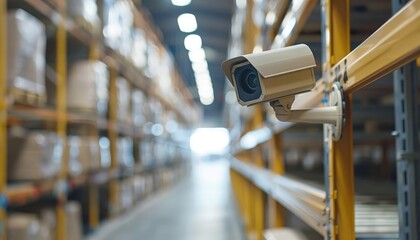 Security camera mounted on a shelf in a warehouse.