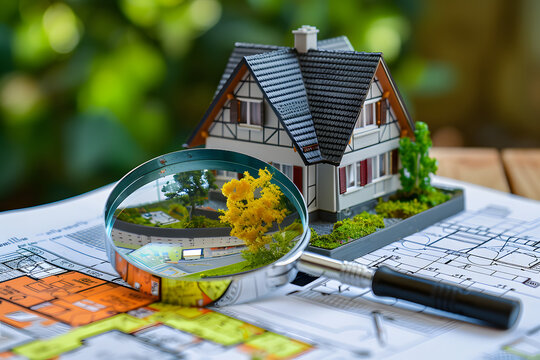Planos de una casa con maqueta de una casa. concepto inmobiliario. Generado con inteligencia artificial.
