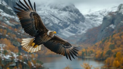 Obraz premium A bald eagle soaring high above a mountainous landscape, with its wings spread wide.