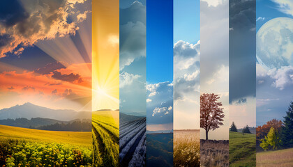 Weather forecast, banner design. Collage with different photos