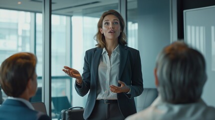 Obraz premium A businesswoman presenting to a group in a meeting room with a suitcase in the background, indicating business travel.